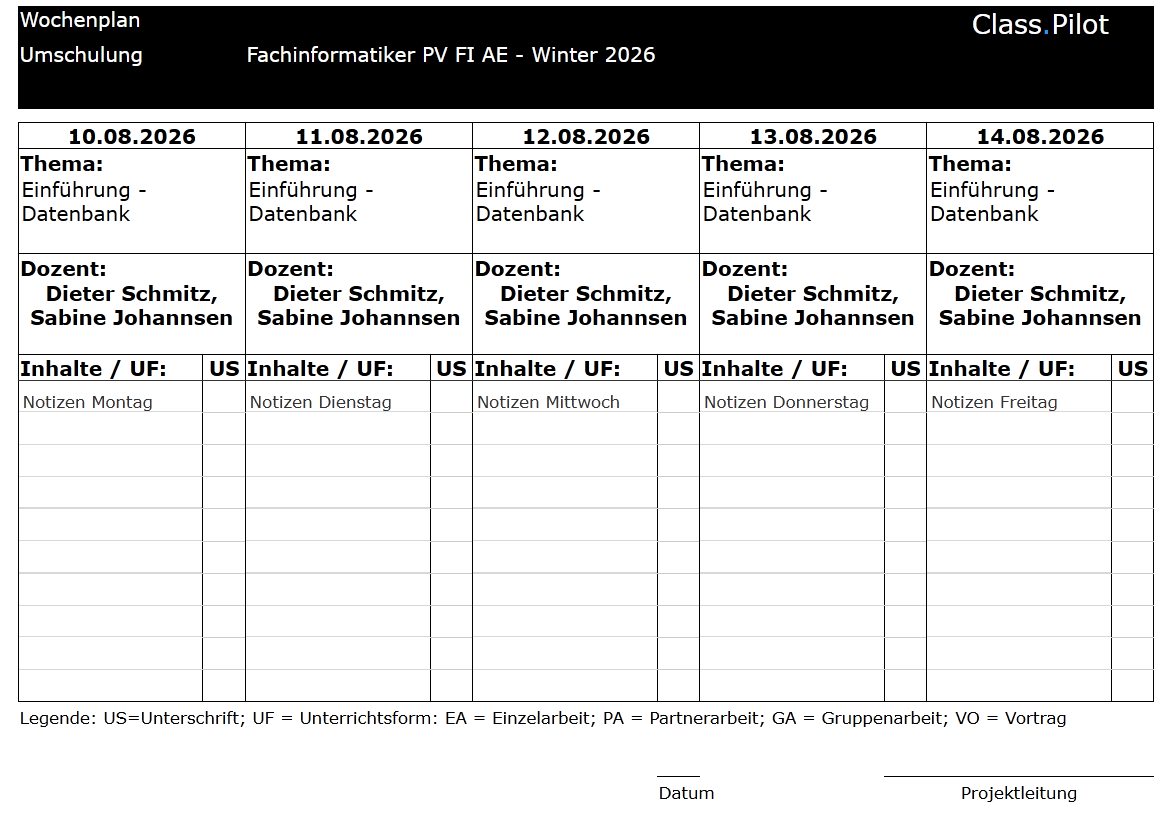 Wochenplan mit Themen, Dozenten und Notizen je Tag einer Woche